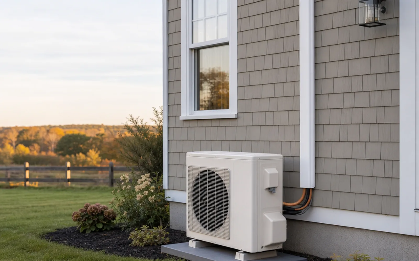 Illustration: home exterior with a ductless mini-split outdoor condenser beside the house