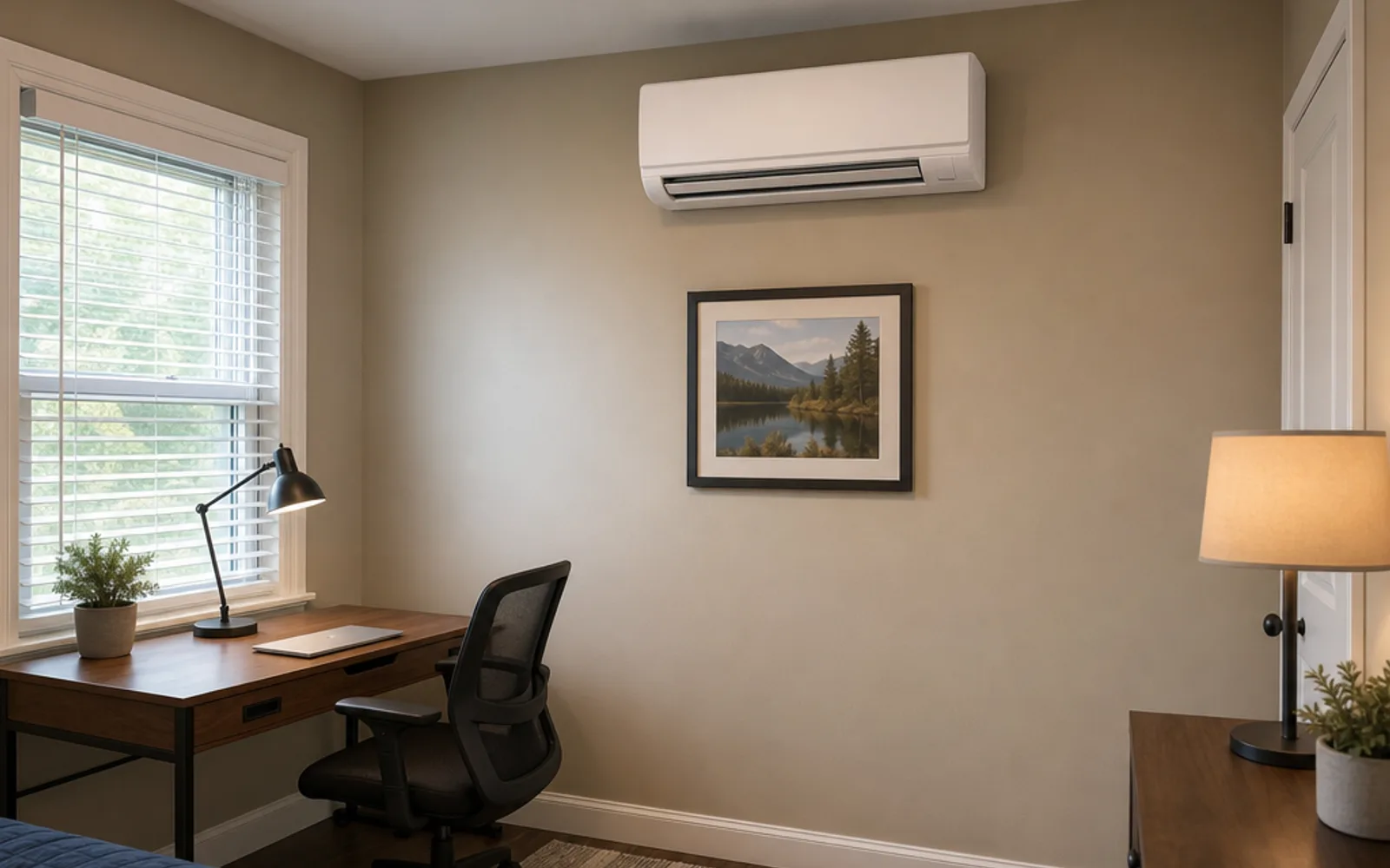 Illustration: small home office with a wall-mounted ductless mini-split indoor head