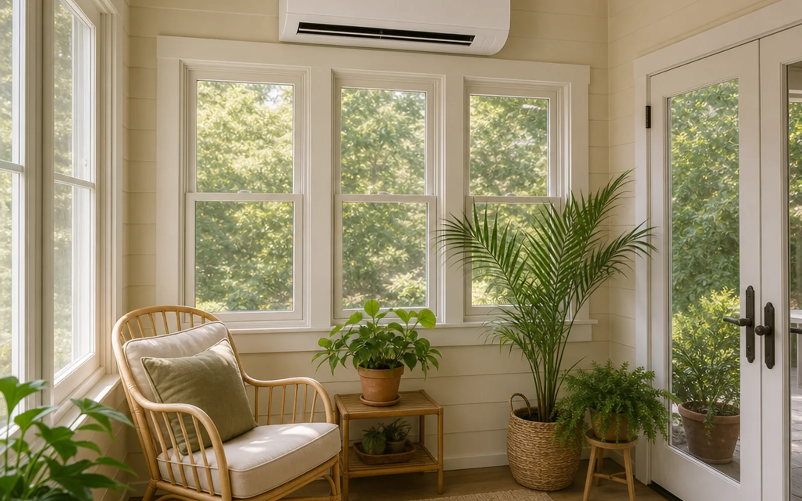 Illustration: sunroom with a ductless mini-split indoor wall head above windows